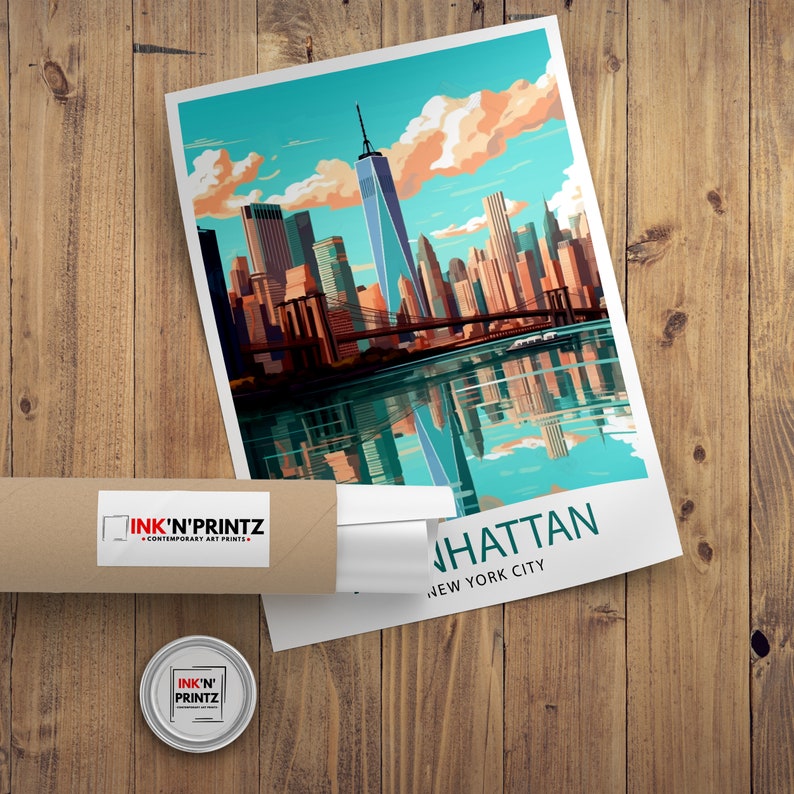 May include: A colorful illustration of the Manhattan skyline with the Freedom Tower in the center. The image is in a retro travel poster style with a blue and teal background and a reflection of the city in the water. The text "Manhattan, New York City" is at the bottom of the image.