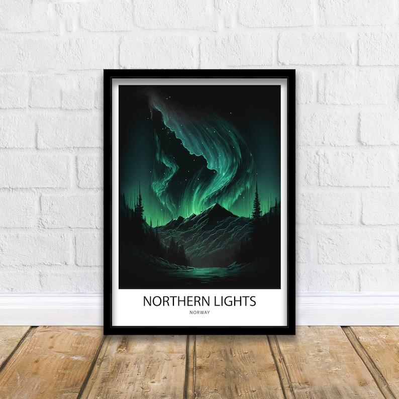 May include: A framed print of a green aurora borealis over a mountain range in Norway. The print has the text "Northern Lights" and "Norway" below the image.