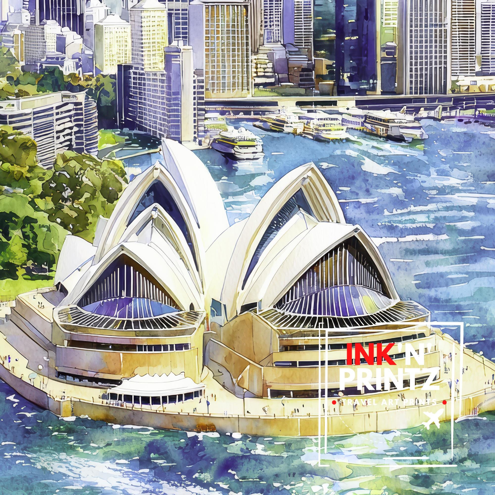 シドニー港の水彩画、オーストラリアの都市景観アートプリント