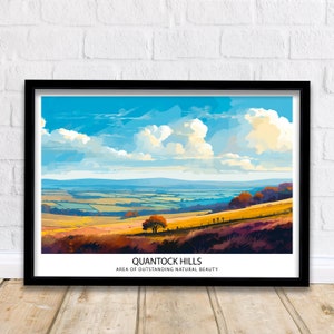 Puede incluir: Una impresión enmarcada de Quantock Hills, una pintura de paisaje con colores vibrantes. La obra muestra colinas, campos y un árbol bajo un cielo azul con nubes blancas. El texto "Quantock Hills, Area of Outstanding Natural Beauty" está en la parte inferior.