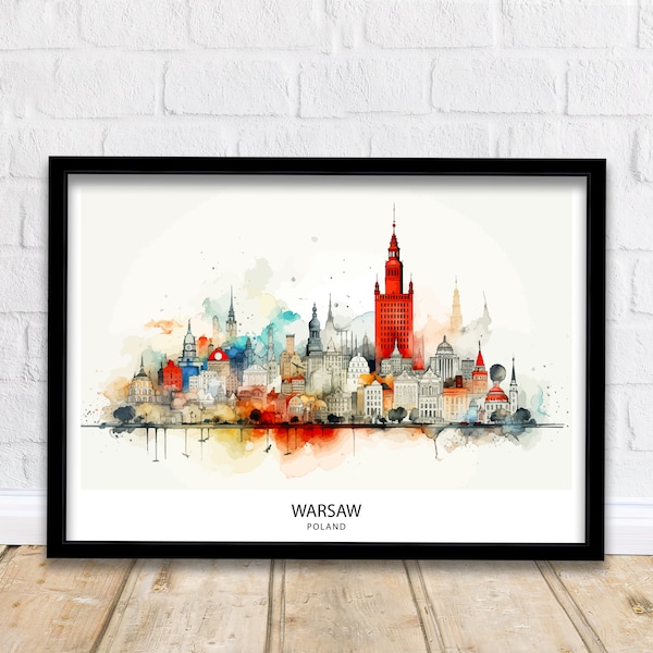 Warsaw Skyline Poland Print Modern Cityscape Art Polish Capital Poster Urban Landscape Wall Decor Historical Monuments Illustration