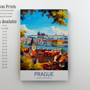 May include: Canvas print of Prague, Czech Republic, with a colorful cityscape and a river. The print is available in various sizes, from 8x10 inches to 28x40 inches. 2cm thick stretcher bars and a hanging kit are included.