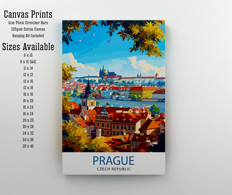 May include: Canvas print of Prague, Czech Republic, with a colorful cityscape and a river. The print is available in various sizes, from 8x10 inches to 28x40 inches. 2cm thick stretcher bars and a hanging kit are included.