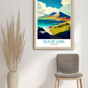 May include: A vintage travel poster design featuring a scenic view of the Isle of Jura in Scotland. The poster has a blue, green, and yellow color scheme and features a mountain range, a body of water, and a small boat. The text "Isle of Jura, Scotland" is printed at the bottom of the poster.
