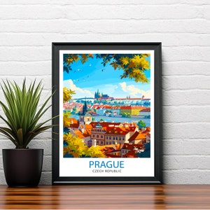 May include: A colorful illustration of Prague, Czech Republic, with a view of the city from a hilltop. The image features a cityscape with red-tiled roofs, a river, and a blue sky with white clouds. The text "PRAGUE" and "CZECH REPUBLIC" is printed below the image.