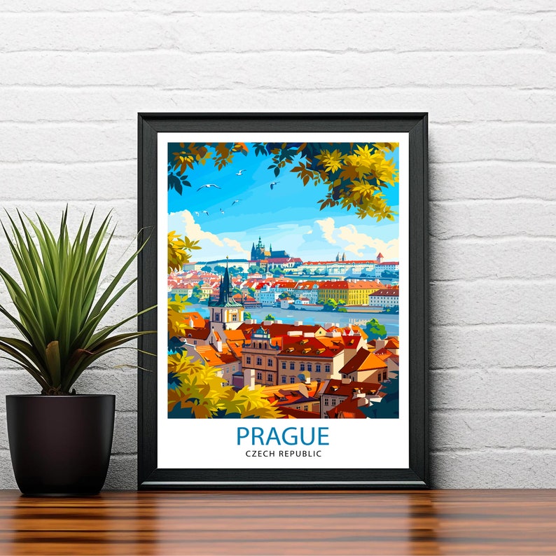 May include: A colorful illustration of Prague, Czech Republic, with a view of the city from a hilltop. The image features a cityscape with red-tiled roofs, a river, and a blue sky with white clouds. The text "PRAGUE" and "CZECH REPUBLIC" is printed below the image.