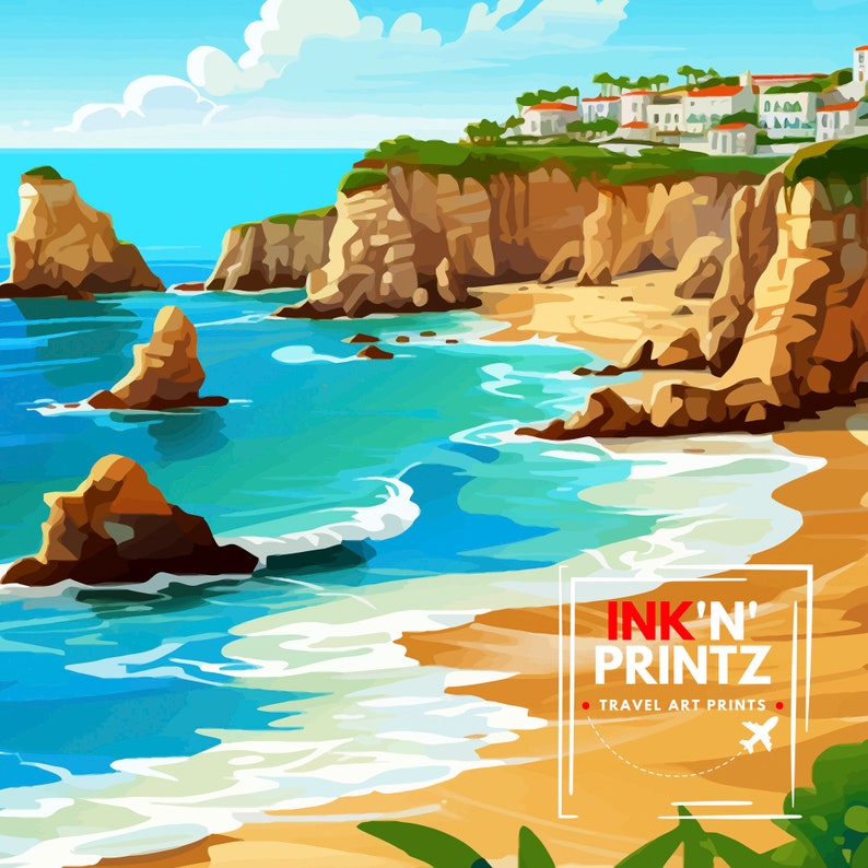 Puede incluir: Una ilustraci&oacute;n colorida de una escena costera con acantilados, una playa de arena y olas azules del oc&eacute;ano. El texto "INK'N' PRINTZ TRAVEL ART PRINTS" est&aacute; en un cuadro blanco en la esquina inferior derecha de la imagen.