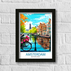May include: A colorful illustration of a canal in Amsterdam, Netherlands. The canal is lined with traditional brick buildings and a bicycle with pink flowers in the basket is parked on the edge of the canal. The text "AMSTERDAM NETHERLANDS" is at the bottom of the image.