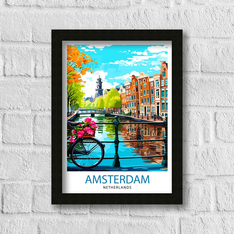 May include: A colorful illustration of a canal in Amsterdam, Netherlands. The canal is lined with traditional brick buildings and a bicycle with pink flowers in the basket is parked on the edge of the canal. The text "AMSTERDAM NETHERLANDS" is at the bottom of the image.