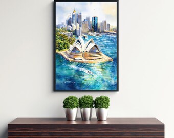 シドニー港の水彩画、オーストラリアの都市景観アートプリント