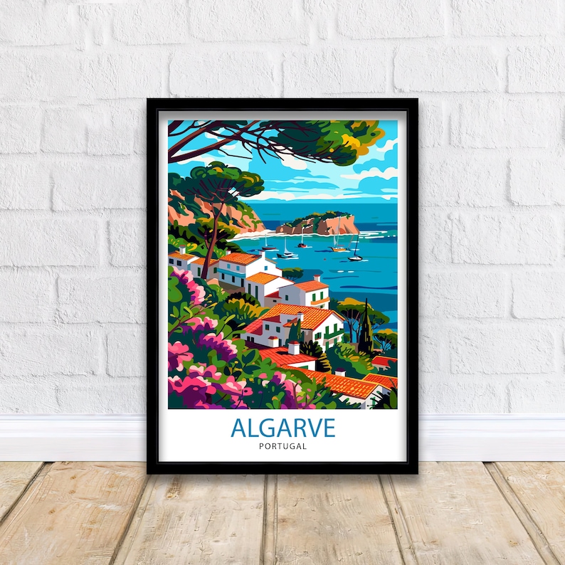 May include: A colorful illustration of a coastal town in Algarve, Portugal. The image features white houses with red tile roofs, lush green trees, and a blue ocean with boats. The text "ALGARVE PORTUGAL" is at the bottom of the image.