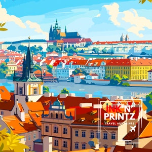 May include: A colorful illustration of Prague, Czech Republic, with a view of the city's iconic architecture, including the Charles Bridge and Prague Castle. The image is painted in a vibrant style with a blue sky and a river in the foreground. The text "INK'N' PRINTZ TRAVEL ART PRINTS" is visible in the lower right corner of the image.