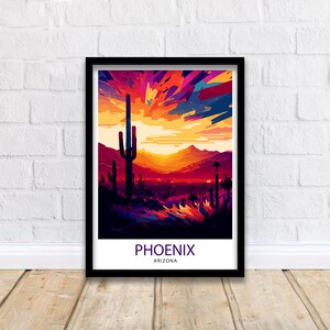 May include: A colourful, abstract illustration of a desert landscape with a large cactus in the foreground. The sky is a vibrant orange and pink, with a few clouds. The text "PHOENIX ARIZONA" is at the bottom of the image.