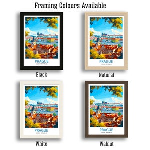 May include: Four different framing options for a print of Prague, Czech Republic. The framing options are black, natural, white, and walnut.