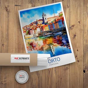 May include: A watercolor painting of a cityscape with colorful buildings and boats on a river. The painting is titled "Porto, Portugal" and is framed in a white frame.