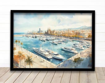 Barcelona Watercolour Painting Poster Spain Wall Art City Landscape Print Gift for Europe Lovers and Fans of Scenic Catalonia Architecture