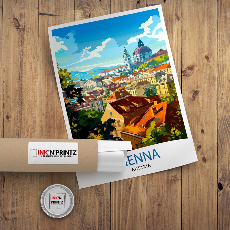 May include: A colorful illustration of Vienna, Austria, with a cityscape and a blue sky. The text "Vienna, Austria" is printed below the image. The image is printed on a white background and is framed by a white border.