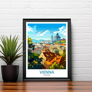 May include: A colorful illustration of Vienna, Austria, with a cityscape view of the city's buildings and a church with a dome. The text "VIENNA" and "AUSTRIA" is at the bottom of the image.