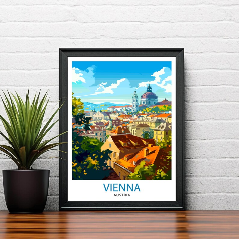 May include: A colorful illustration of Vienna, Austria, with a cityscape view of the city's buildings and a church with a dome. The text "VIENNA" and "AUSTRIA" is at the bottom of the image.