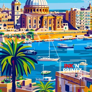 May include: A colorful illustration of a cityscape with a large church building, a harbor with boats, and a palm tree in the foreground. The text "INK'N' PRINTZ TRAVEL ART PRINTS" is visible in the lower right corner.