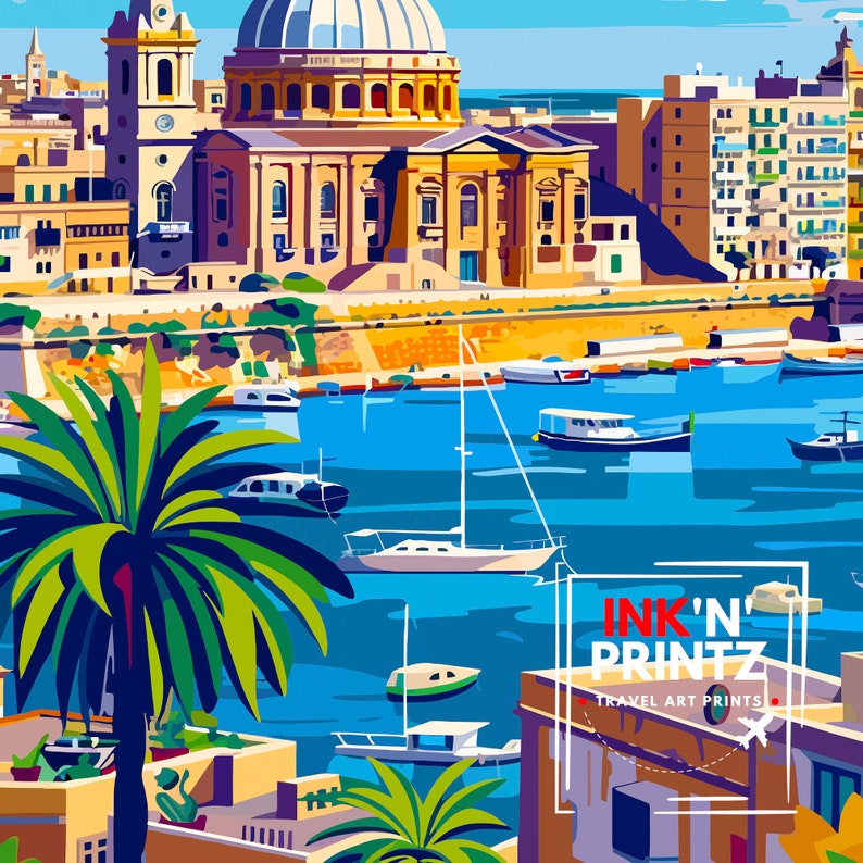 May include: A colorful illustration of a cityscape with a large church building, a harbor with boats, and a palm tree in the foreground. The text "INK'N' PRINTZ TRAVEL ART PRINTS" is visible in the lower right corner.