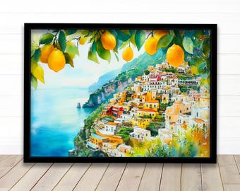 Santorini Aquarell Landschaft Malerei Poster Griechenland Wandkunst Küstendorf Druck Geschenk für Europa Liebhaber und Fans der malerischen griechischen Insel