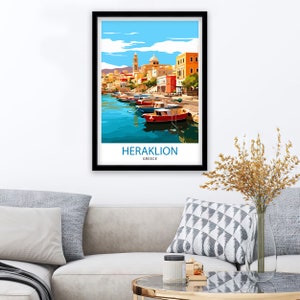 May include: A colorful illustration of a harbor scene in Heraklion, Greece. The image features a row of colorful buildings along the waterfront, with boats docked in the harbor. The text "HERAKLION GREECE" is printed at the bottom of the image.