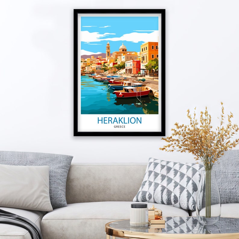 May include: A colorful illustration of a harbor scene in Heraklion, Greece. The image features a row of colorful buildings along the waterfront, with boats docked in the harbor. The text "HERAKLION GREECE" is printed at the bottom of the image.
