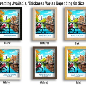 May include: A colorful illustration of a canal in Amsterdam, Netherlands, with a bicycle and flowers. The image is available in six different frame colors: black, white, natural, oak, walnut, and gold.