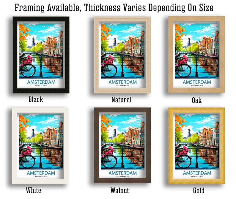 May include: A colorful illustration of a canal in Amsterdam, Netherlands, with a bicycle and flowers. The image is available in six different frame colors: black, white, natural, oak, walnut, and gold.