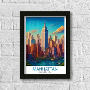 K&ouml;nnte beinhalten: Ein Vintage-Reiseposter mit einer farbenfrohen Illustration der Skyline von Manhattan, einschlie&szlig;lich des Empire State Building. Das Poster tr&auml;gt den Text "INK'N' PRINTZ" und "MANHATTAN NEW YORK CITY".