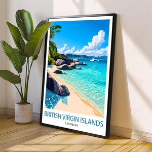 May include: A colorful illustration of a tropical beach scene with turquoise water, white sand, large boulders, palm trees, and a sailboat in the distance. The text "BRITISH VIRGIN ISLANDS" and "CARIBBEAN" is at the bottom of the image.