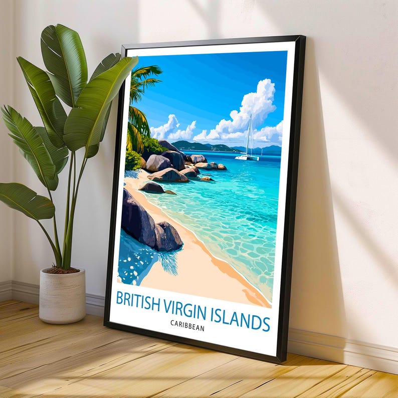 May include: A colorful illustration of a tropical beach scene with turquoise water, white sand, large boulders, palm trees, and a sailboat in the distance. The text "BRITISH VIRGIN ISLANDS" and "CARIBBEAN" is at the bottom of the image.