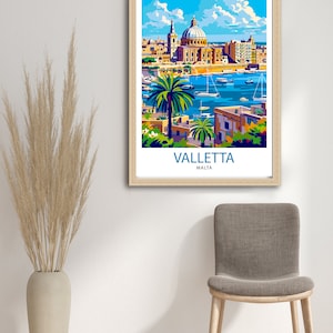 May include: A colorful illustration of Valletta, Malta, featuring a large church with a dome, boats in the harbor, and palm trees. The text "Valletta, Malta" is at the bottom of the image.