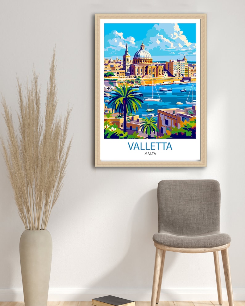 May include: A colorful illustration of Valletta, Malta, featuring a large church with a dome, boats in the harbor, and palm trees. The text "Valletta, Malta" is at the bottom of the image.