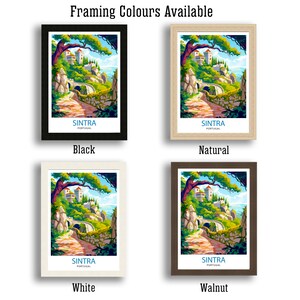May include: Four different framing options for a print of a colorful illustration of a pathway leading to a castle in Sintra, Portugal. The framing options are black, natural, white, and walnut.