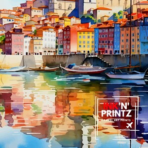 May include: A watercolor painting of a colorful cityscape with boats in the water. The buildings are reflected in the water, creating a vibrant and abstract pattern. The painting is signed "Ink'n' Printz" in the lower right corner.