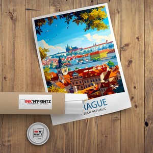 May include: A colorful illustration of Prague, Czech Republic, with a view of the city from the river. The illustration is in a vintage travel poster style with a blue sky and green trees.