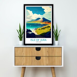 May include: A colorful illustration of a landscape with a mountain, ocean, and beach. The text "ISLE OF JURA SCOTLAND" is at the bottom of the image.