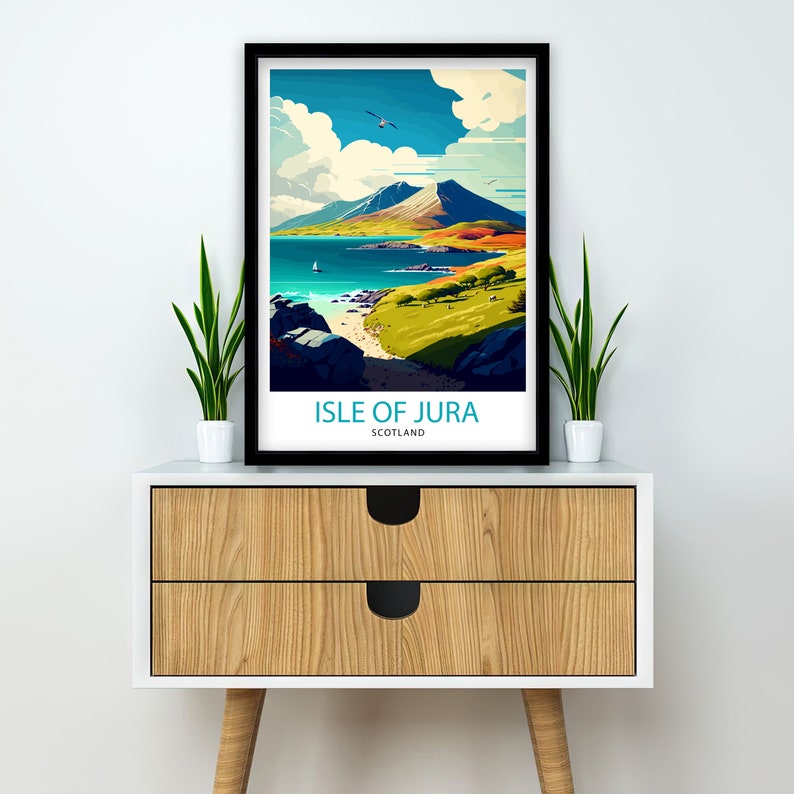 May include: A colorful illustration of a landscape with a mountain, ocean, and beach. The text "ISLE OF JURA SCOTLAND" is at the bottom of the image.
