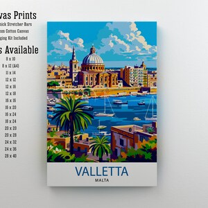 May include: A colorful painting of Valletta, Malta, with a view of the harbor and boats. The painting is available as a canvas print in various sizes, from 8x10 inches to 28x40 inches. The canvas is 325gsm cotton and comes with 2cm thick stretcher bars and a hanging kit.