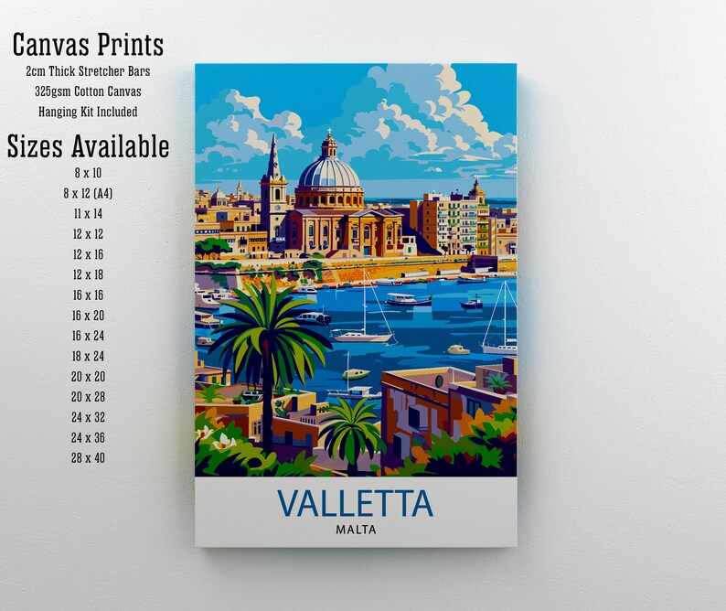May include: A colorful painting of Valletta, Malta, with a view of the harbor and boats. The painting is available as a canvas print in various sizes, from 8x10 inches to 28x40 inches. The canvas is 325gsm cotton and comes with 2cm thick stretcher bars and a hanging kit.