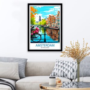 May include: A colorful illustration of a canal in Amsterdam, Netherlands. The canal is lined with traditional brick buildings and a bicycle with pink flowers in the basket is parked on the bridge. The text "AMSTERDAM NETHERLANDS" is at the bottom of the image.