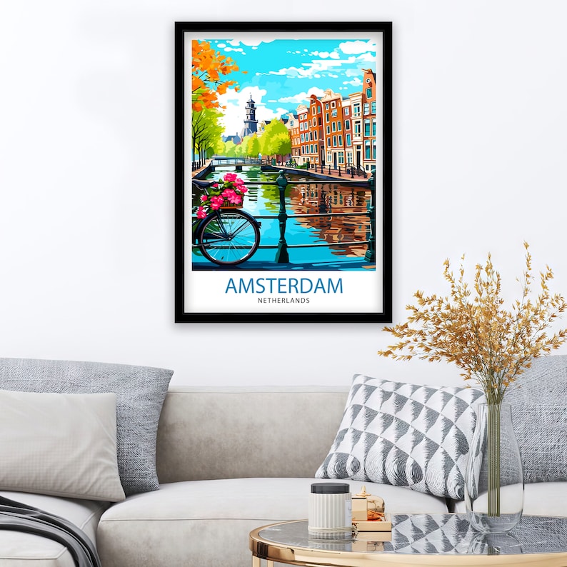 May include: A colorful illustration of a canal in Amsterdam, Netherlands. The canal is lined with traditional brick buildings and a bicycle with pink flowers in the basket is parked on the bridge. The text "AMSTERDAM NETHERLANDS" is at the bottom of the image.