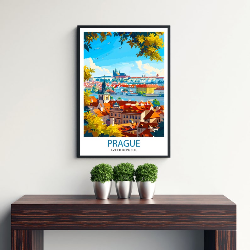 May include: A colorful illustration of Prague, Czech Republic, with a view of the city from a hilltop. The illustration features a river, buildings, and trees. The text "Prague, Czech Republic" is printed below the illustration.