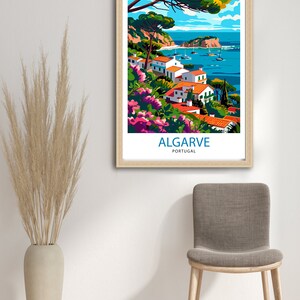 May include: A colorful illustration of a coastal town in Algarve, Portugal. The image features white buildings with red tile roofs, lush green trees, and a blue ocean with boats. The text "ALGARVE PORTUGAL" is at the bottom of the image.