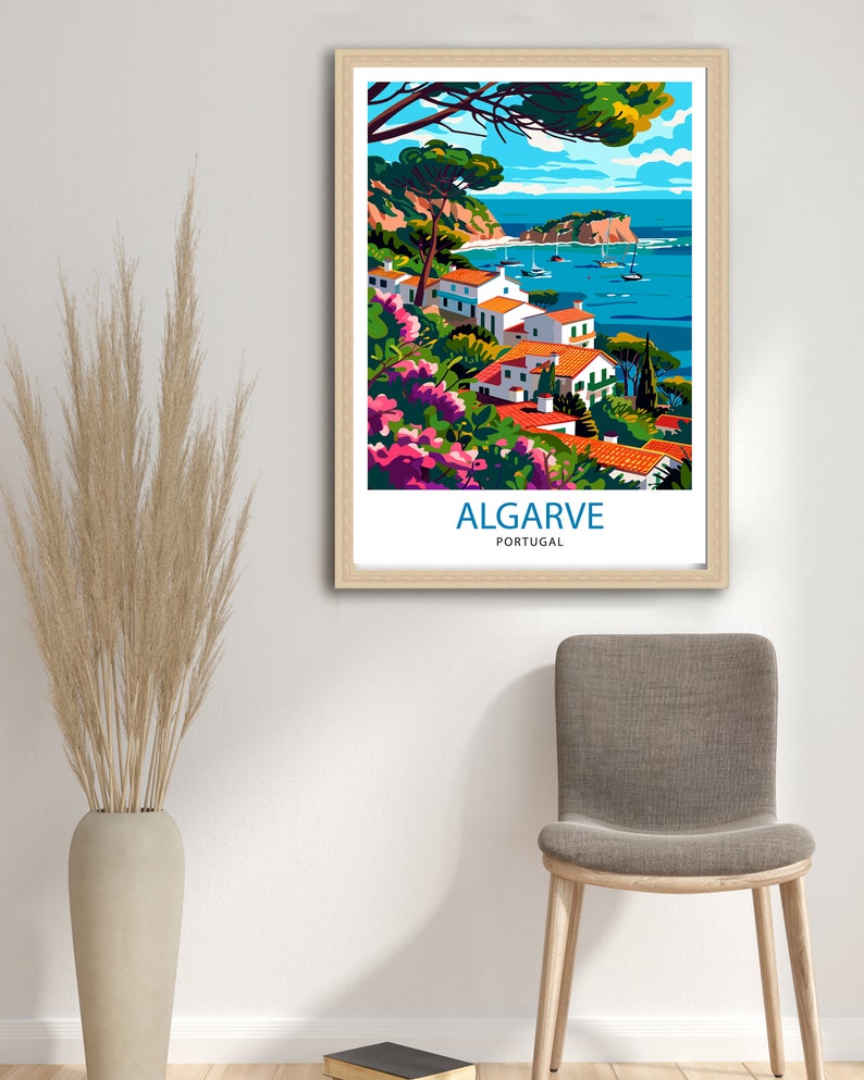 May include: A colorful illustration of a coastal town in Algarve, Portugal. The image features white buildings with red tile roofs, lush green trees, and a blue ocean with boats. The text "ALGARVE PORTUGAL" is at the bottom of the image.