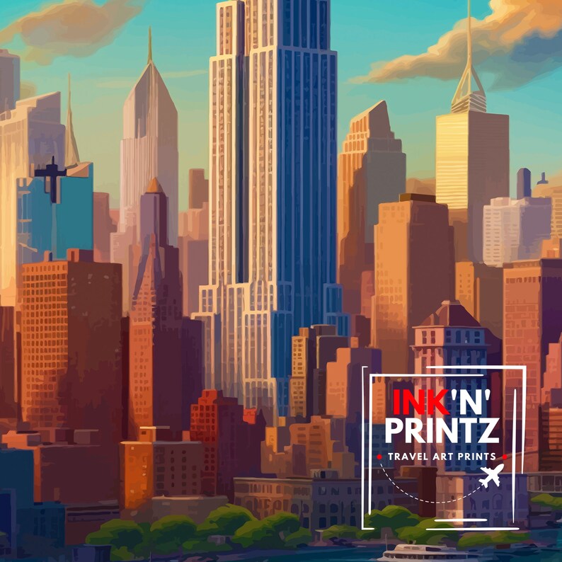 K&ouml;nnte beinhalten: Eine farbenfrohe Illustration einer Stadtlandschaft mit hohen Geb&auml;uden, darunter das Empire State Building, bei Sonnenuntergang. Der Text "INK'N' PRINTZ TRAVEL ART PRINTS" befindet sich in der unteren rechten Ecke des Bildes.