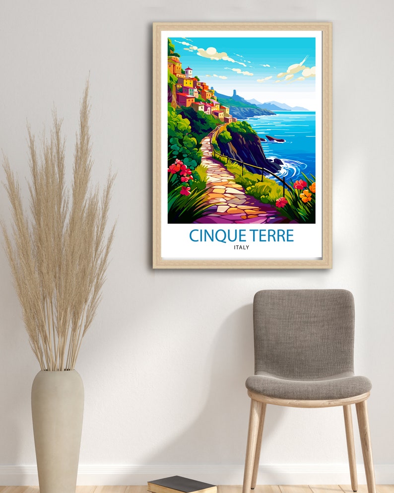 May include: A colorful illustration of a coastal town in Cinque Terre, Italy. The image features a winding stone path leading up a hillside with colorful buildings and lush greenery. The path overlooks a blue ocean with white waves crashing on the shore.