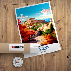 May include: A colorful illustration of the Acropolis in Athens, Greece. The image features a vibrant blue sky with fluffy white clouds, a green hill with the Acropolis on top, and a path leading up to the hill. The image is framed with a white border and the text "ATHENS GREECE" is printed in blue at the bottom.